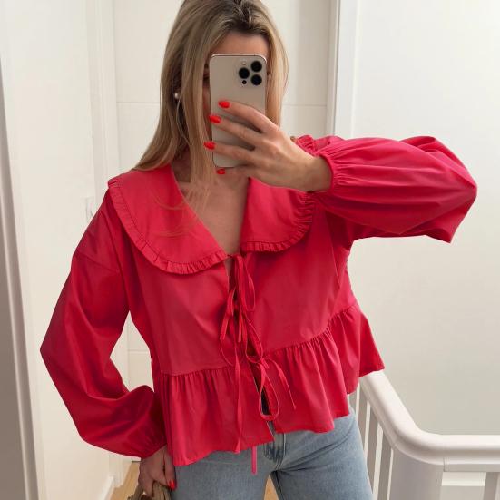 Yousheng женская рубашка с кукольным воротником, пышная рубашка на шнуровке с длинными рукавами, топы, однотонная рубашка свободного покроя с рюшами на подол, уличная одежда