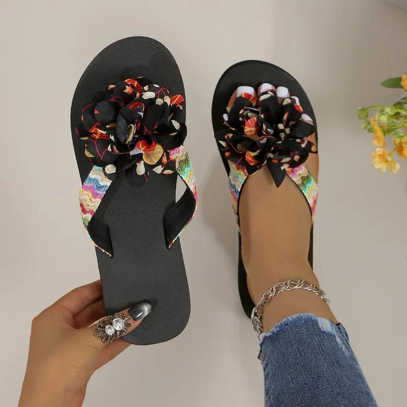 2024 Летние женские тапочки, новые модные женские туфли на плоской подошве с открытым носком, повседневные пляжные туфли с цветочным узором