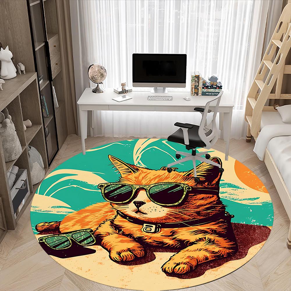 1pc Sunglasses Beach Cat Office Round Area Rug, Under Office Chairs Bedroom Living Room Home Decor, Room Deco