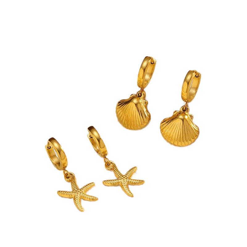 European and American electroplated stainless steel starfish shell earrings women's light luxury holiday shell 18K gold earrings