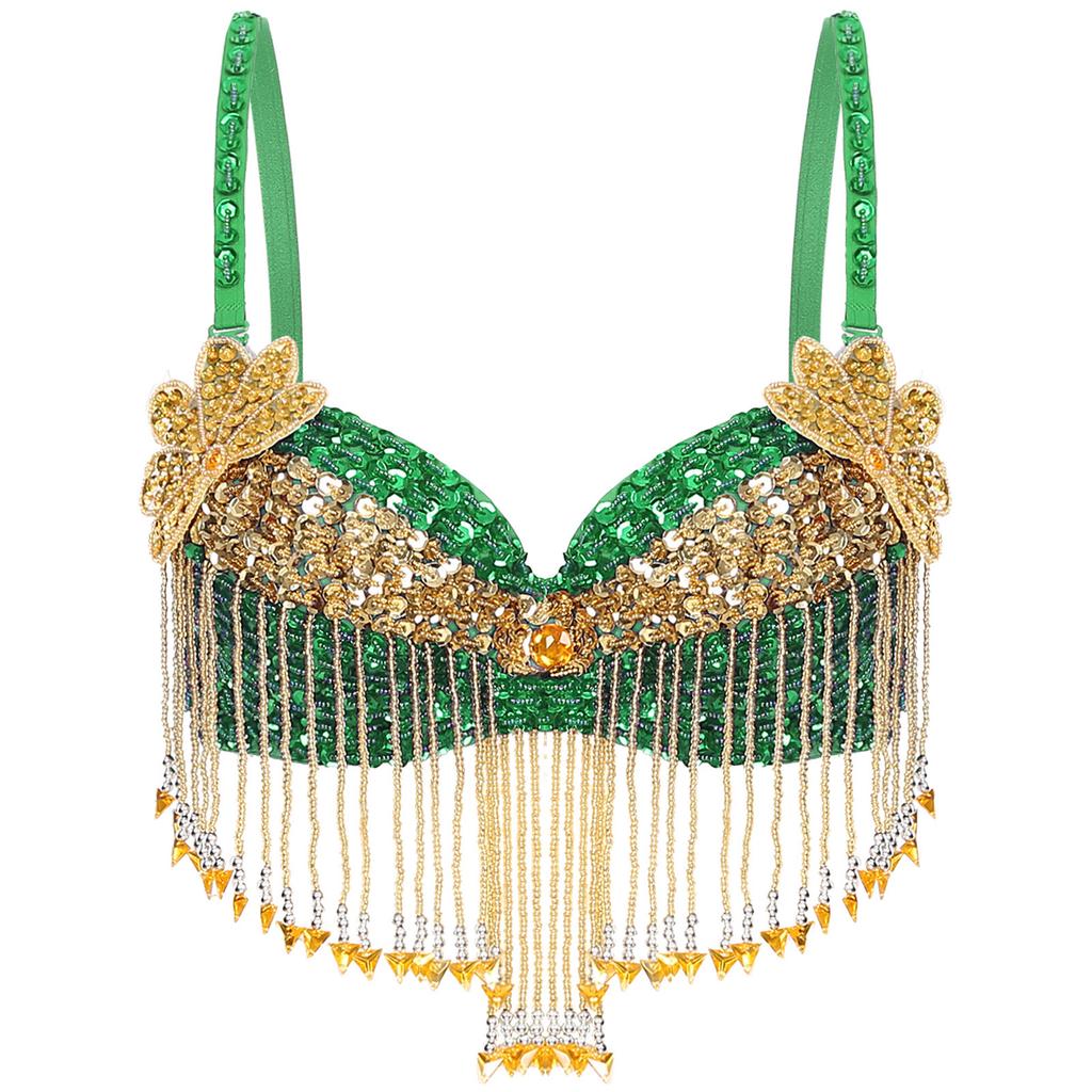 Womens Sparkly Sequins Belly Dance Top Adjustable Straps Plastic Beaded Tassels Underwired Bra