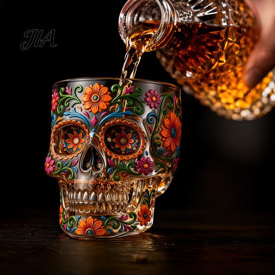 Specialty Spirit Tasting Glass Day of The Dead Wine Glass, with 3D Relief Painting, Hand-Painted Durable Whiskey Cup Gothic Skull Cup, for Halloween