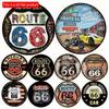 9Pcs 2d Flat Wood Round Wooden Sign- 20cm Art Painting Wreath Decorative Plates Route 66 Plaque Poster for Bar Cafe Club Home Room Wall Decor