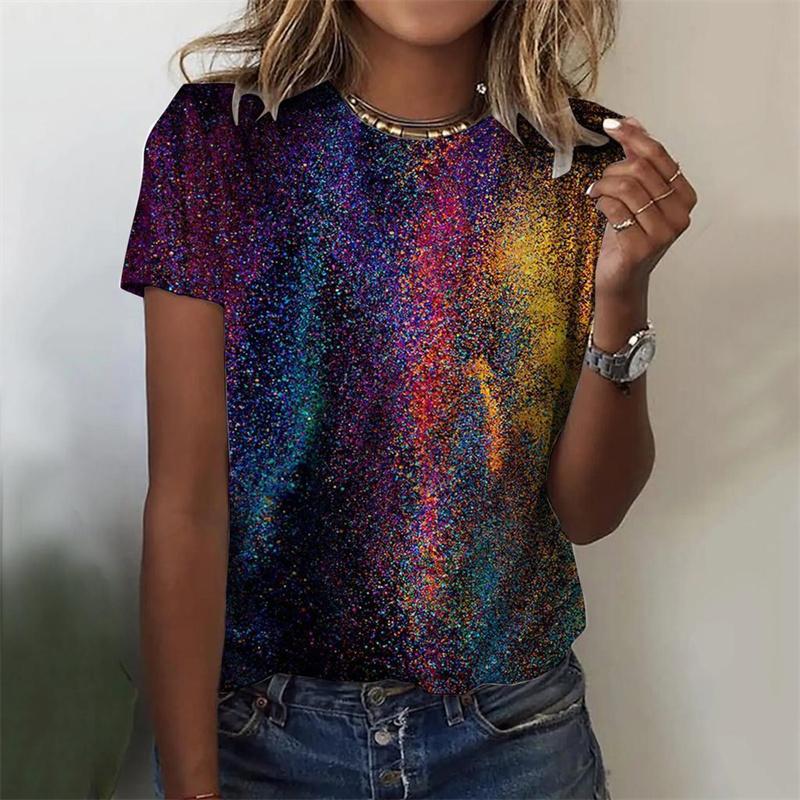 Цветная футболка с 3D-принтом для женщин, летняя футболка с O-образным вырезом и пигментной графикой, повседневная уличная одежда с коротким рукавом, топы Harajuku, футболки