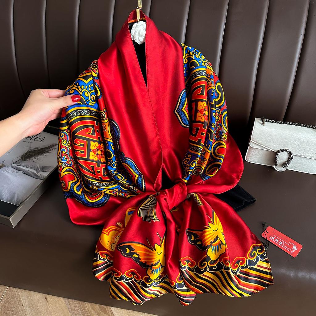 Long Silk Scarf Spring and Summer Thin Style Printed Scarf Beautiful Brocade Lotus Shawl Imitation Silk Scarf Gauze Scarf