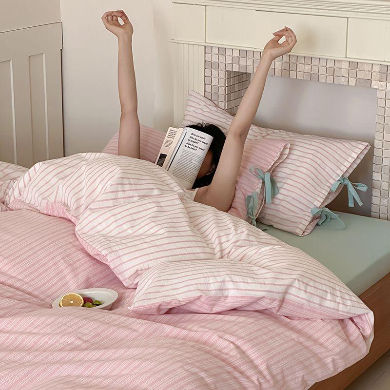 ins striped pure cotton four-piece set Korean bow type A cotton yarn-dyed washed cotton single sheet bedding