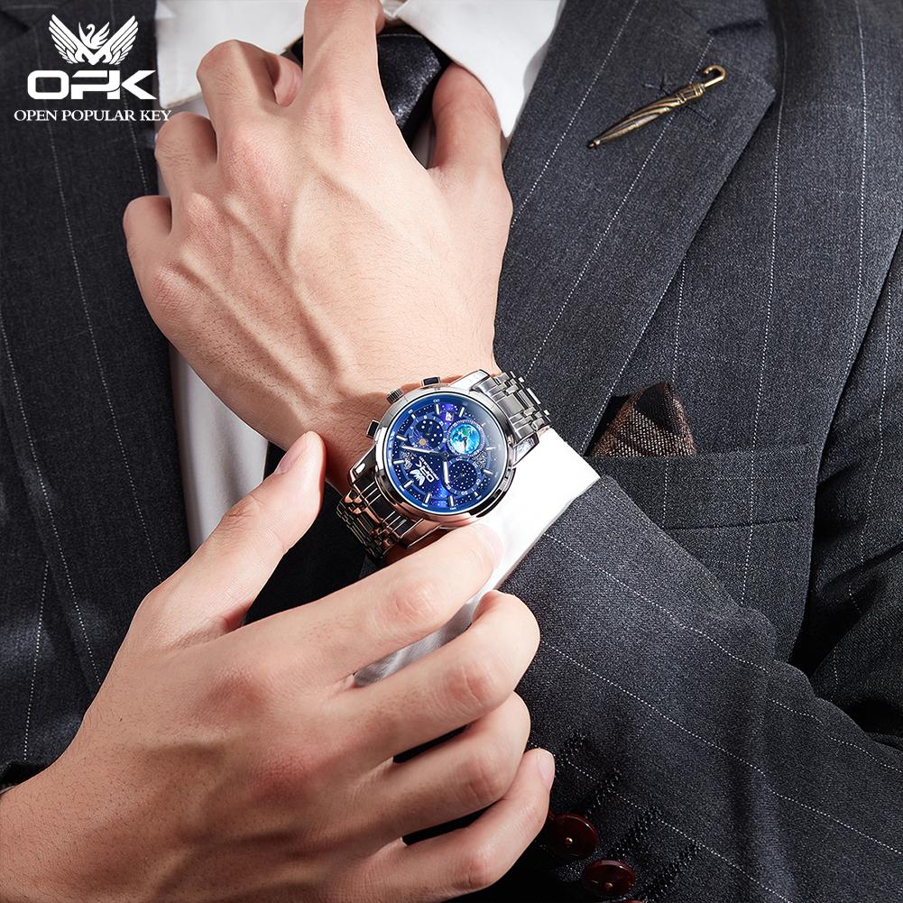 OPK 8142 Chronograph Mens Watch Waterproof Luminous Moon Phase Auto Date Original Luxury Quartz Man Wristwatch
