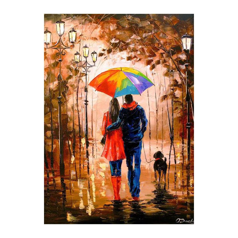 Влюбленная пара с зонтиком, идущая по улице, Эйфелева башня, холст, картина маслом, постер, осенний пейзаж, настенное искусство, домашний декор