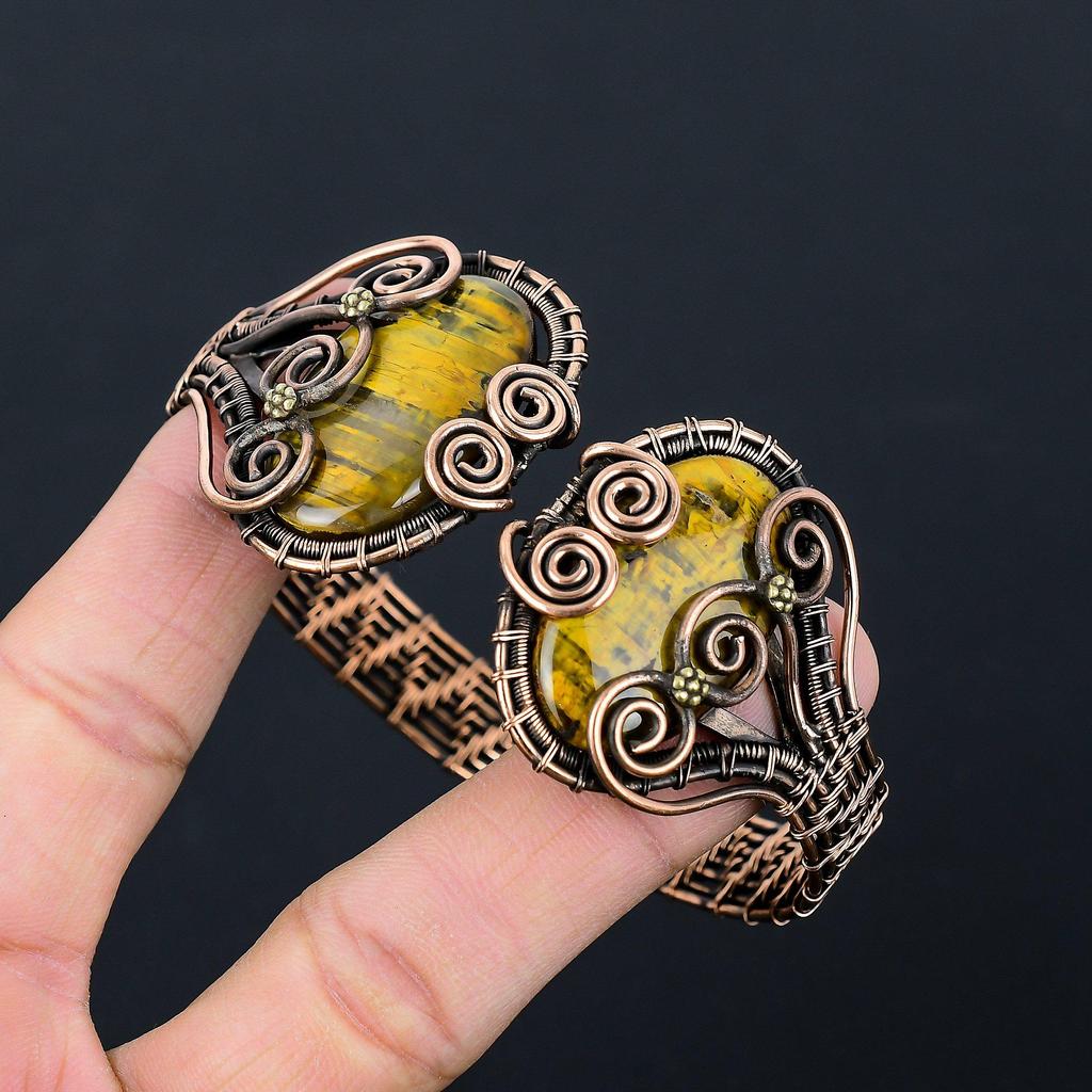 Драгоценный камень «Голубой тигровый глаз» из чистой медной проволоки, завернутый в манжету/браслет ручной работы, регулируемые ювелирные изделия