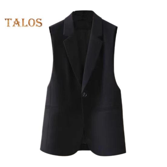 Женский костюм, жилет, застежка на одну пуговицу, кардиган без рукавов с v-образным вырезом и лацканами, средней длины, однотонное деловое деловое пальто для поездок на работу