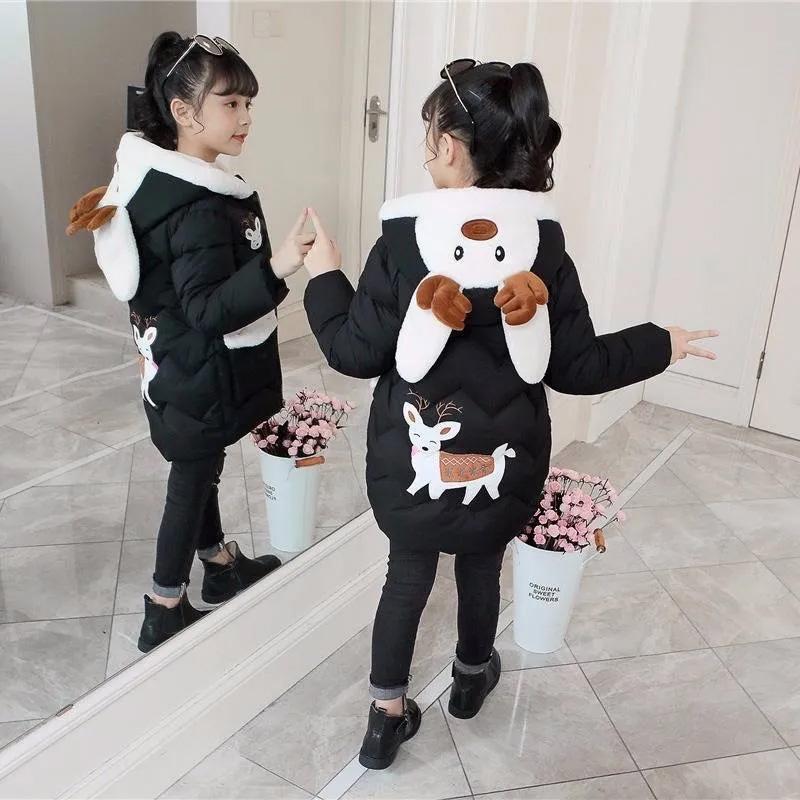 Одежда для девочек на хлопковой подкладке, модная одежда в корейском стиле с вышивкой на хлопковой подкладке, детская зимняя утолщенная куртка с большим меховым воротником на хлопковой подкладке