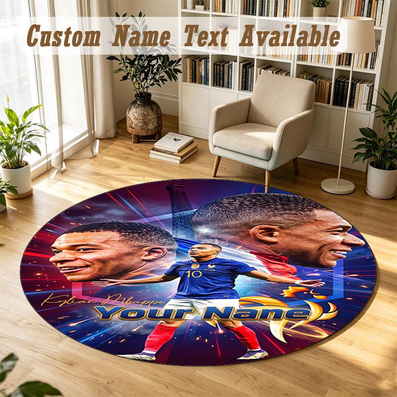 Round Rug Custom NameKylian Mbappe Pattern Non Slip Carpet Home Floor Decor