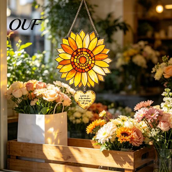 Sunlight Reflecting Pendant Stained Glass Style Sunflower Pendant, Floral Wall Hanging Art with Metal Hand Painted Flower Suncatcher Chain,