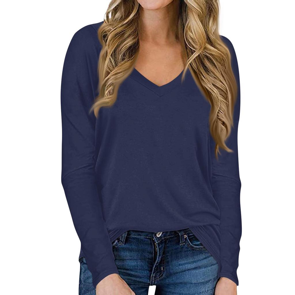 Женская повседневная однотонная футболка с длинными рукавами и V-образным вырезом, топ, пуловер