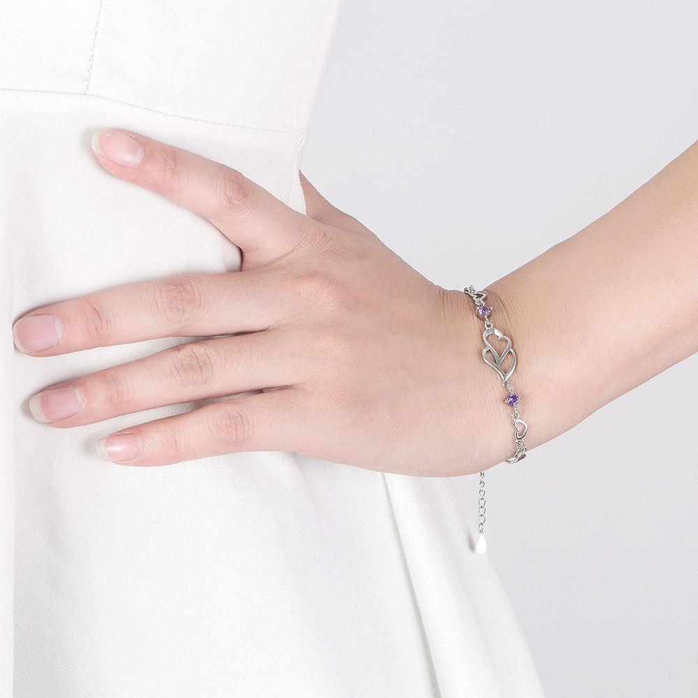 High End Double Heart Double Diamond Heart Connected Heart Printed Bracelet for Women's Korean Version Fashionable and Trendy Silver Plated Bracelet