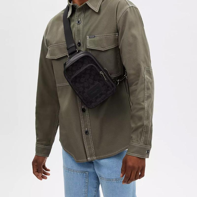 Coach Racer 13 Logo Zip Closure Coated Canvas And Smooth Calfskin Mini Shoulder Crossbody Bag Men Shoulder Bags Charcoal CV763-QBMI5
