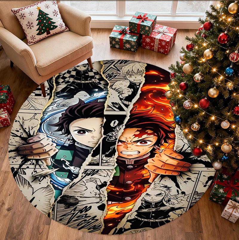 Demon Slayer Pattern Round Rug, Indoor/Outdoor Mat, for Picnic, Gameroom, Bedroom, Office, Living Room, Home Decor Carpet, Birthday Gift