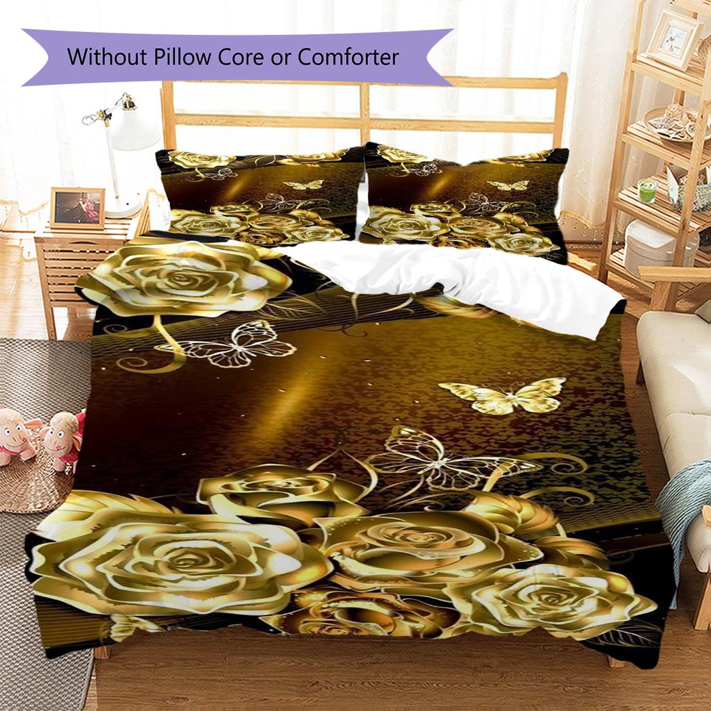 Golden Flower Pattern Bedding Quilt Set Quilt Cover Pillowcase Home Decoration Gift (1 * duvet cover + 2 * pillowcase, without core)