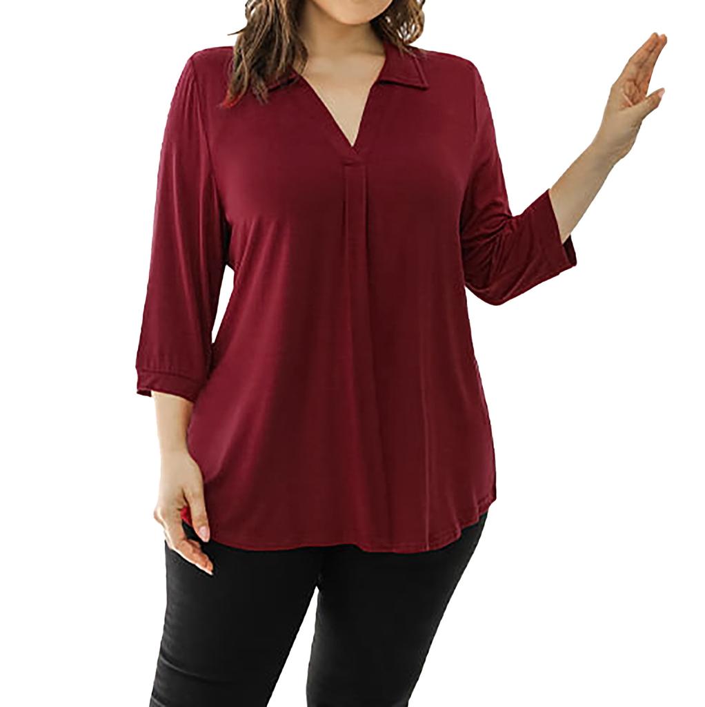 Women's Summer Chiffon Loose 7-quarter Sleeve V-neck Plus Size Shirt