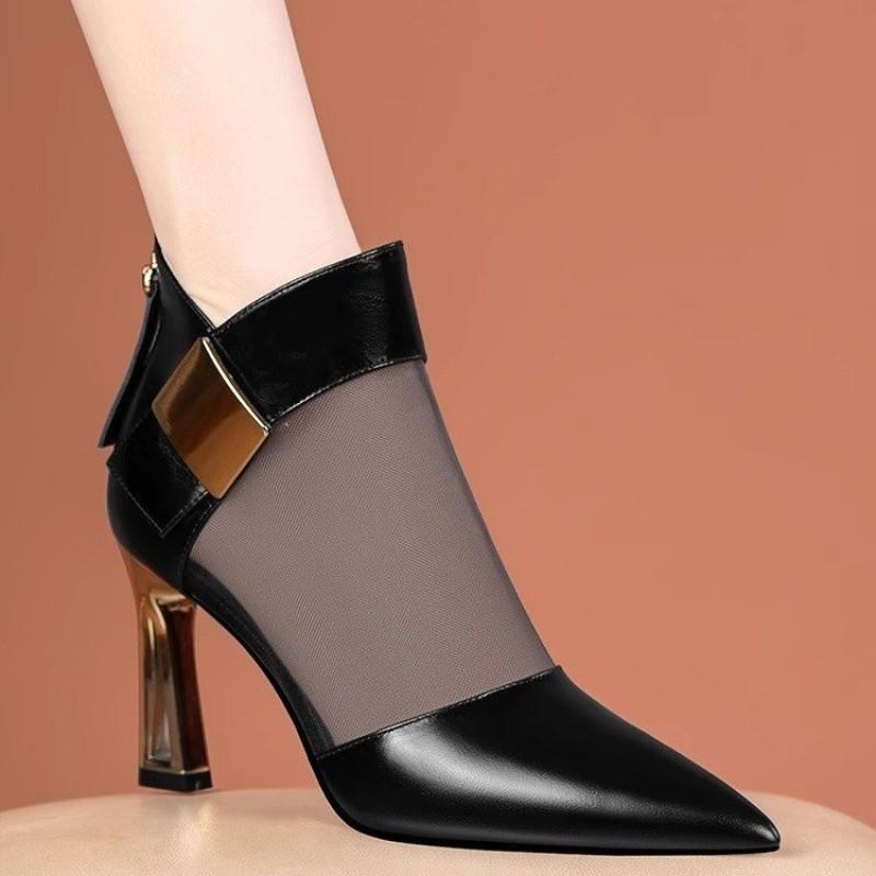 Hollow Short Boots Mesh Cool Boots Thick Heels Versatile Breathable High Heels for Women