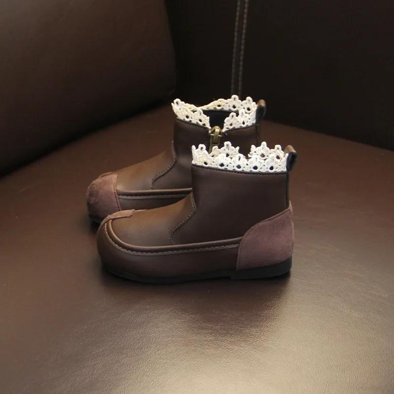 Осенние ботинки для девочек, теплые, модные, со шнуровкой, простые детские туфли, стильные, универсальные, зимние ботинки, классические, ботильоны, удобные, короткие ботинки