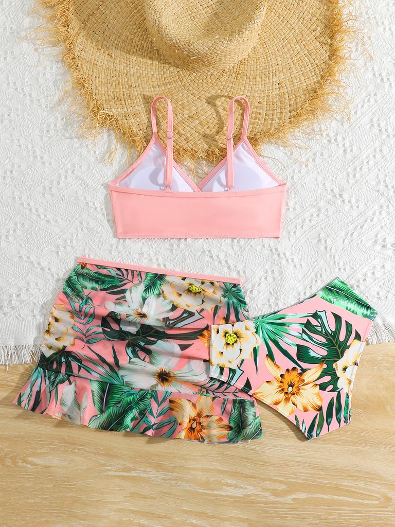 Kids Girls Fashion 3PCS Floral Print Tank Vest Tops with Bikini Briefs and Skirts Summer Swimwear Swimsuits
