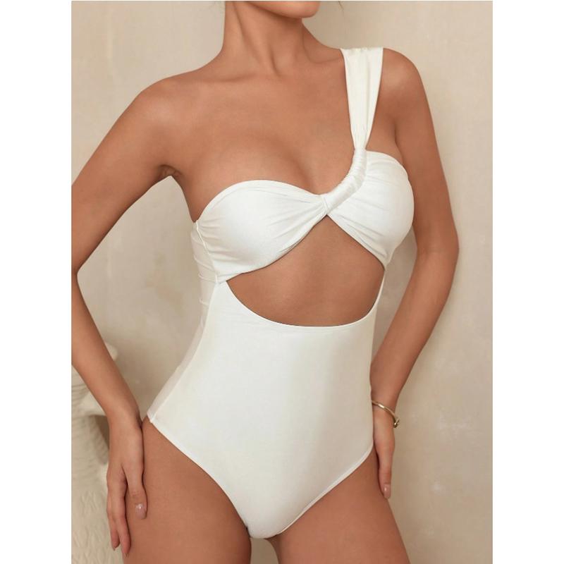 One Shoulder Women's One Piece Swimsuit Sexy Hollow Out Pleate Tummy Control Swimwear Beach Bathing Suit