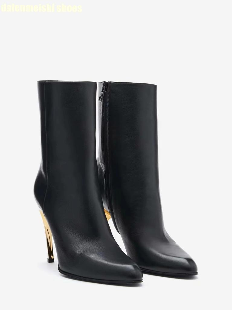 Metal Strange Style Stiletto High Heel Short Boots 2025 New Pointed Toe Mid-Calf Boots Side Zipper Black Women's Boots