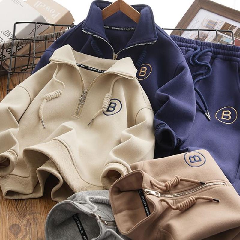 Boys and Girls' Stand-up Collar Sweater and Pants Two Piece Set Spring and Autumn Children's Sportswear Loose Set Fashion Kids Tracksuit Suit