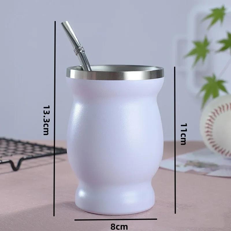240ml Stainless Steel Mate Cup Argentinean Gourd Shaped Double Insulated Cup Mini Gourd Cup with Stir Filter Straw Spoon Set