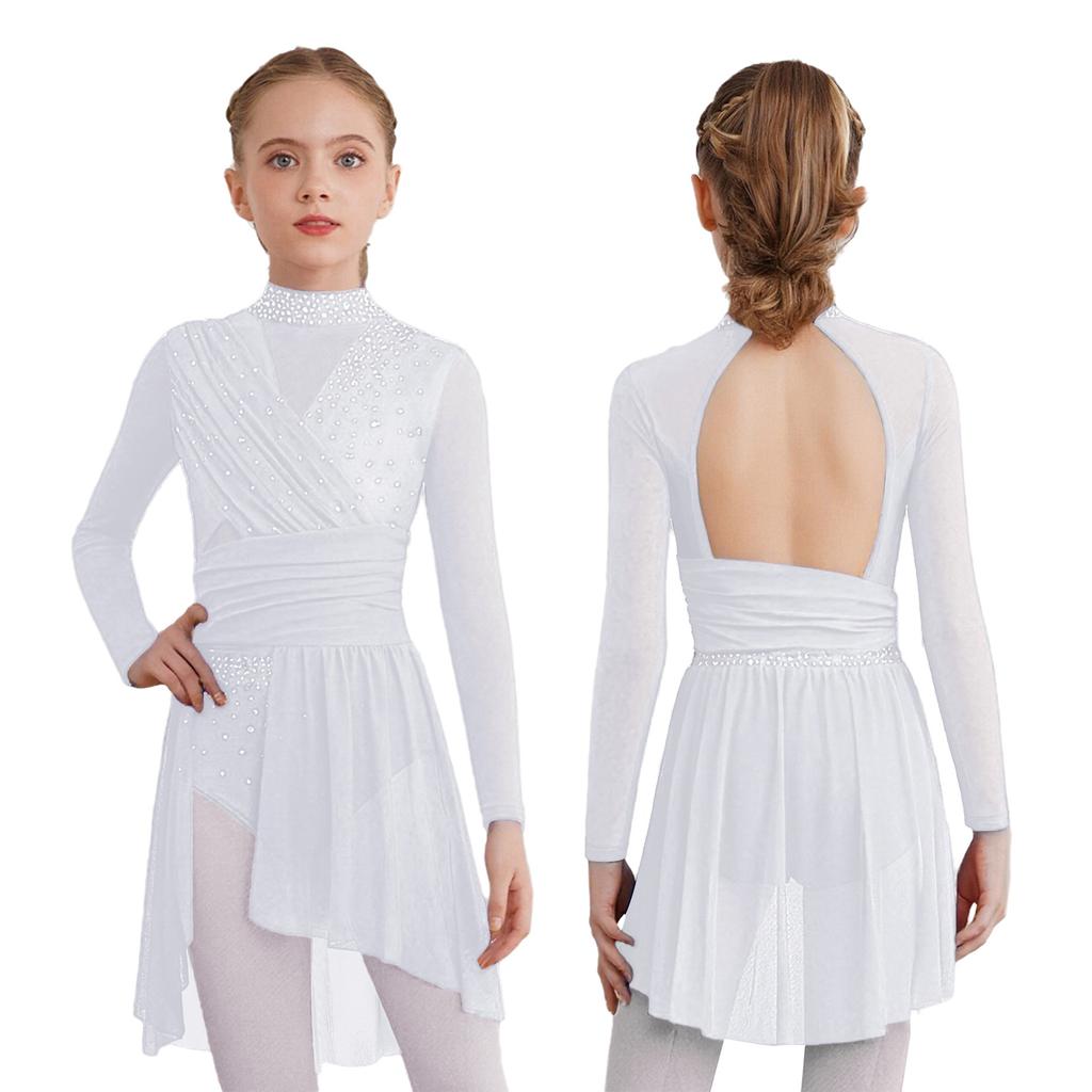 Платье для лирического танца для девочек, с воротником-стойкой, длинным рукавом, вырезом на спине, боковым разрезом, из прозрачной сетки, с драпировкой, леотард