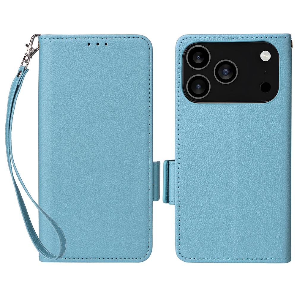 For iPhone 17 Pro Max Case with Wrist Strap Litchi Texture PU Leather Wallet Phone Cover
