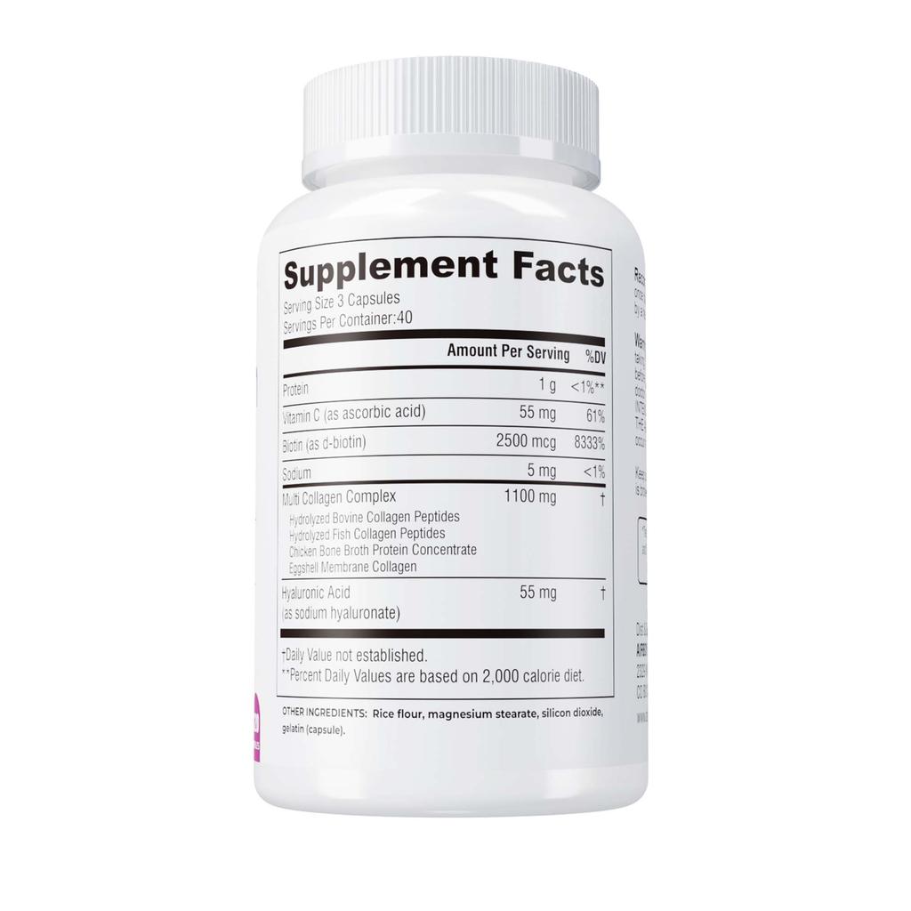 Collagen capsules containing biotin, vitamin C, and hyaluronic acid help maintain skin elasticity and support healthy hair, nails, and joints.