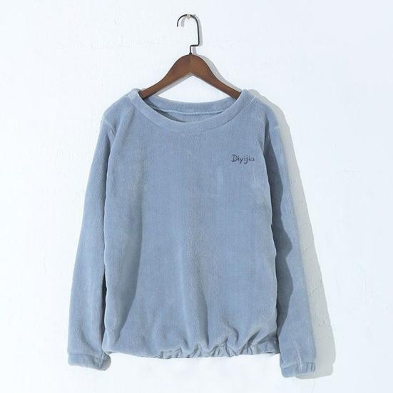 2 Pcs/Set Women Winter Pajamas Set Soft Thick Plush Cold Resistant Solid Color Round Neck Elastic Waist Long Sleeve Lady Homewear Sleeping Set