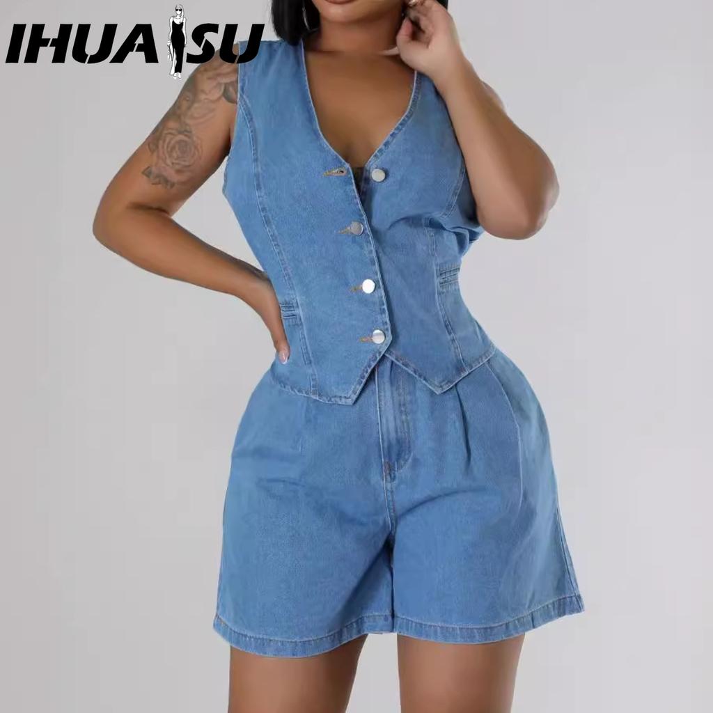IHUASU Summer Fashion Casual Sleeveless High-waisted Women's Suit Denim Shorts