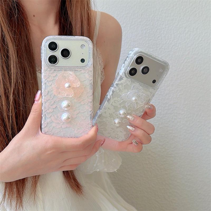 Элегантный кружевной 3D чехол-цветок с жемчугом для iPhone 17/16 Pro Max/15/14