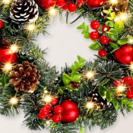 Elegant Red LED Christmas Wreath with Red Berries for Door Window Wall Holiday Home Decor Gift