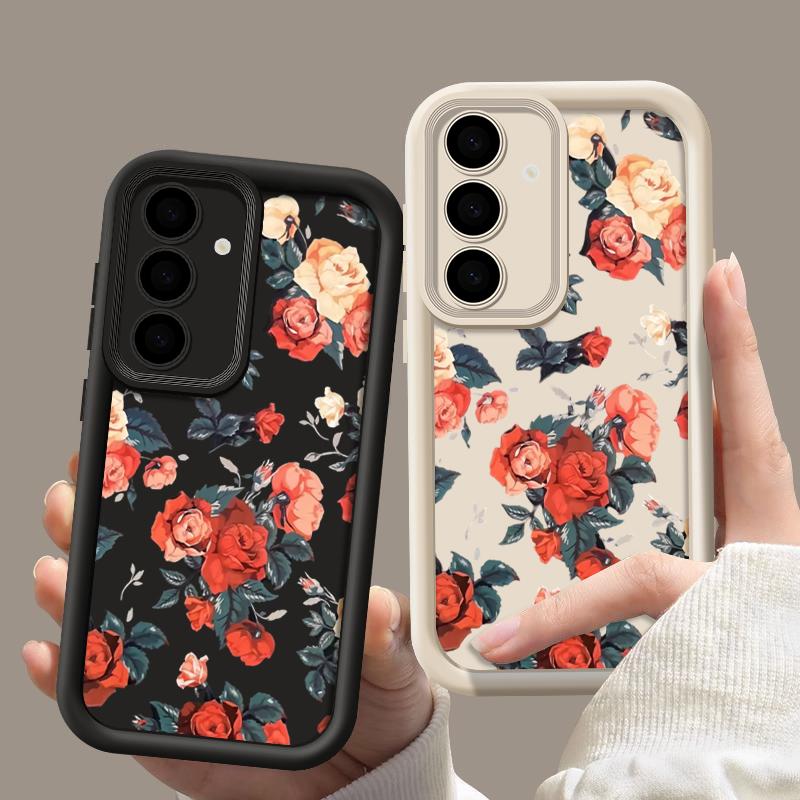 Винтажный чехол с принтом роз и ударопрочным узором для Samsung S24 FE S23 Ultra S22 A16 A55 A15 A35 A54 A25 A34 A14 Мягкий матовый защитный чехол для объектива из ТПУ