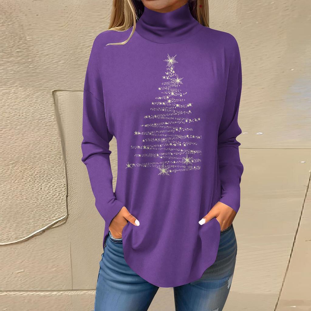 Women's Fashionable Loose-Fit High-Neck T-Shirt With Christmas Print Long-Sleeved Top
