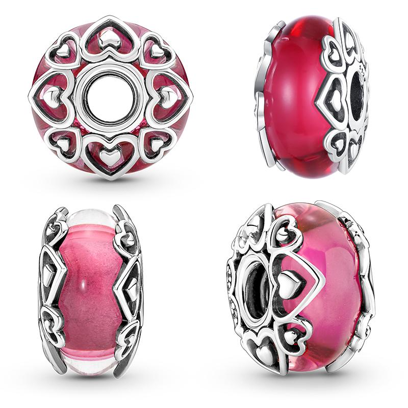 925 Sterling Silver Murano Glass Red Beads Blue Pink Purple Round Charm Plata De Ley 925 For Original Bracelet Jewelry