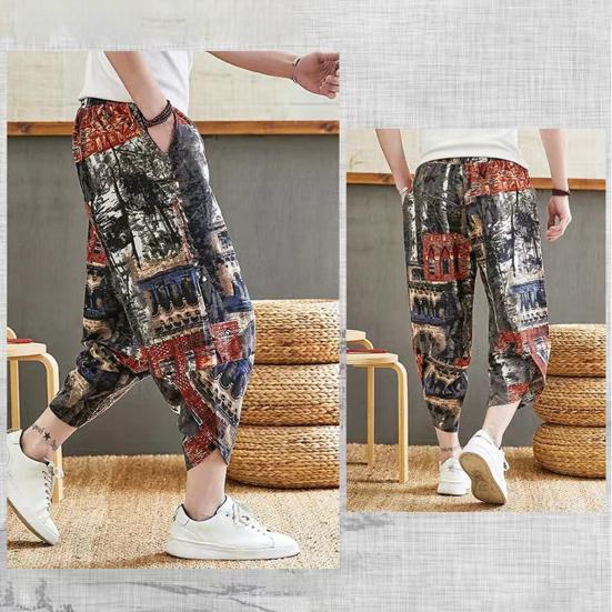 Мужские летние шаровары с эластичной завязкой на талии и карманами, дизайн повседневных брюк с принтом, шаровары, тонкие свободные пляжные брюки, уличная одежда