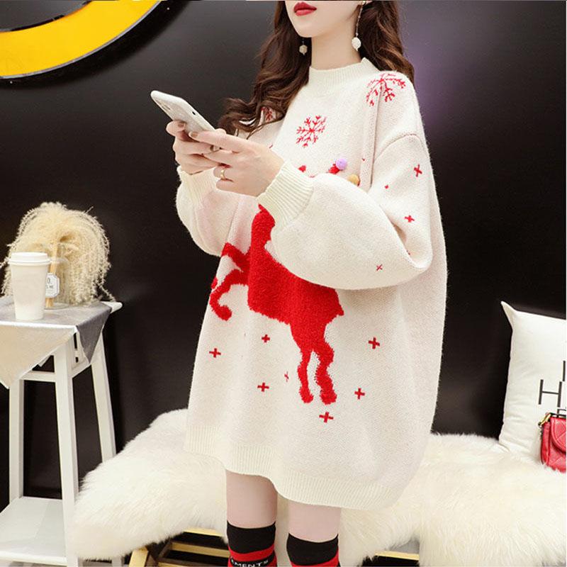 Пуловер с оленем, красный рождественский женский свитер средней длины 2023, осень/зима, повседневный свободный трикотаж, женский свитер с круглым вырезом и длинными рукавами
