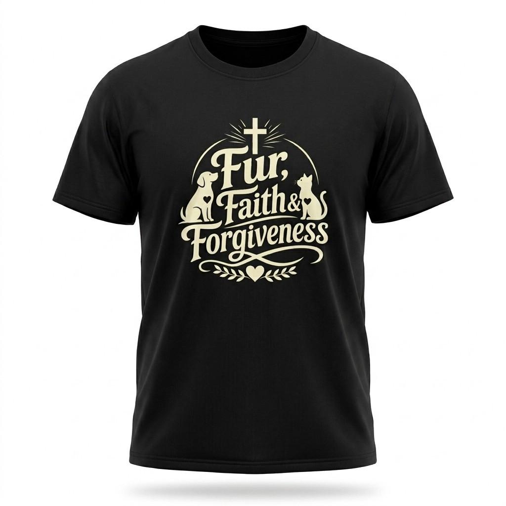 Fur Faith Forgiveness Christian Dog Cat Lover Black T-Shirt Pet Faith Tee