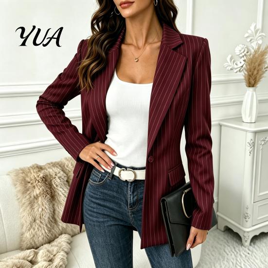 Women Casual Outerwear Striped Blazer with One Button, Breathable Business Work Jacket Jacket, Long Sleeves Notch Lapel Collar Coat for Fall Slim Fit