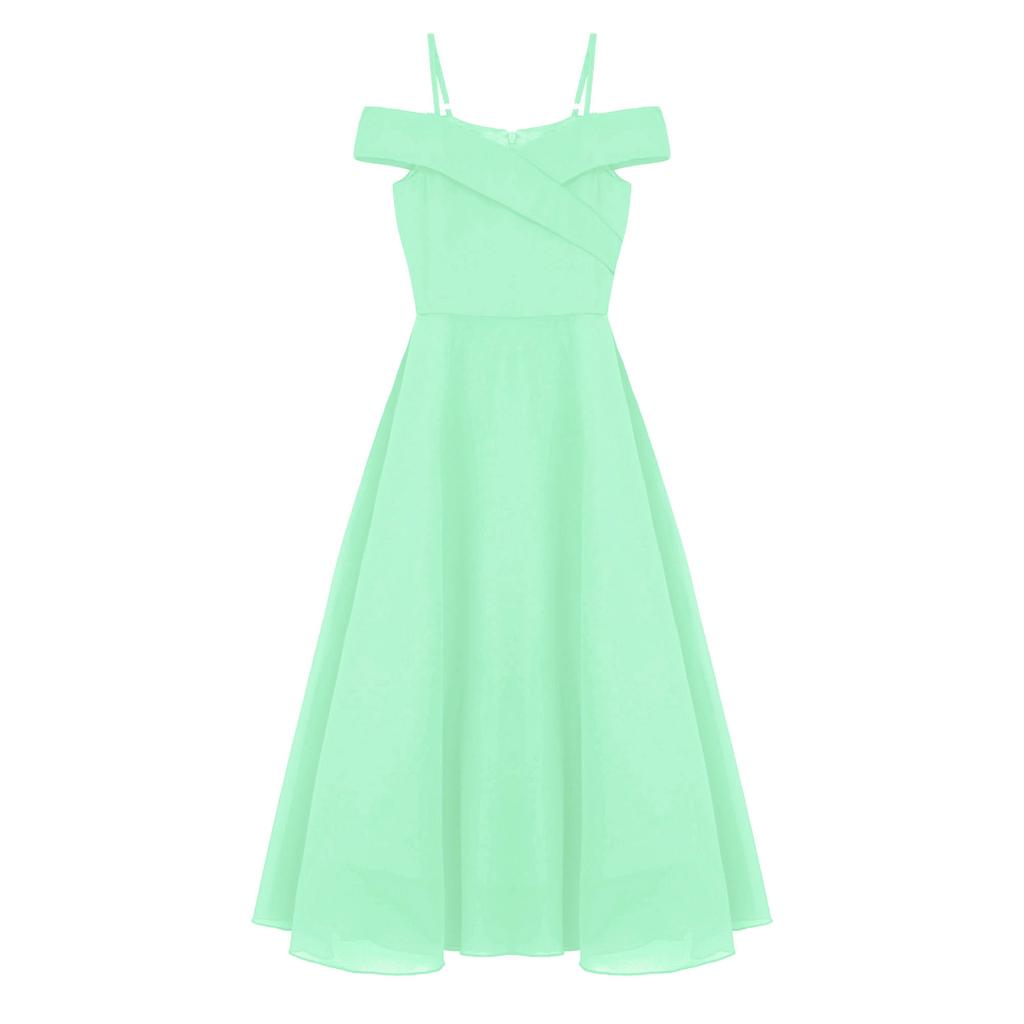 Kids Girls Elegant Chiffon Party Dress Off Shoulder Adjustable Strap Floor Length Evening Gown