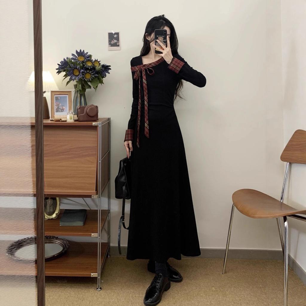 French Hepburn style small black dress bow long-sleeved dress women's autumn and winter slim and thin medium and long skirt