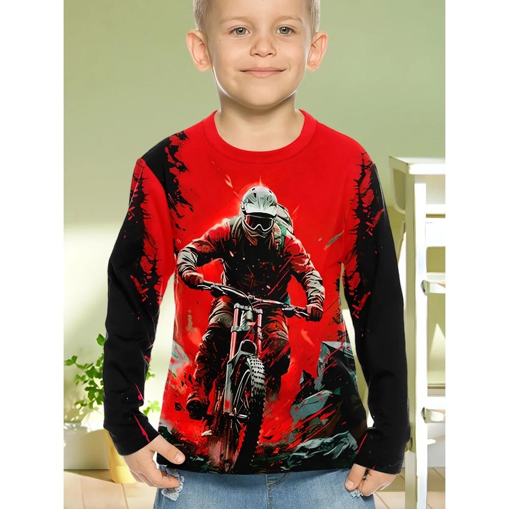 Spring and Autumn Round Neck Motorcycle Pattern 3D Printed Top Fashionable Casual Long Sleeved Children's Boy T-shirts