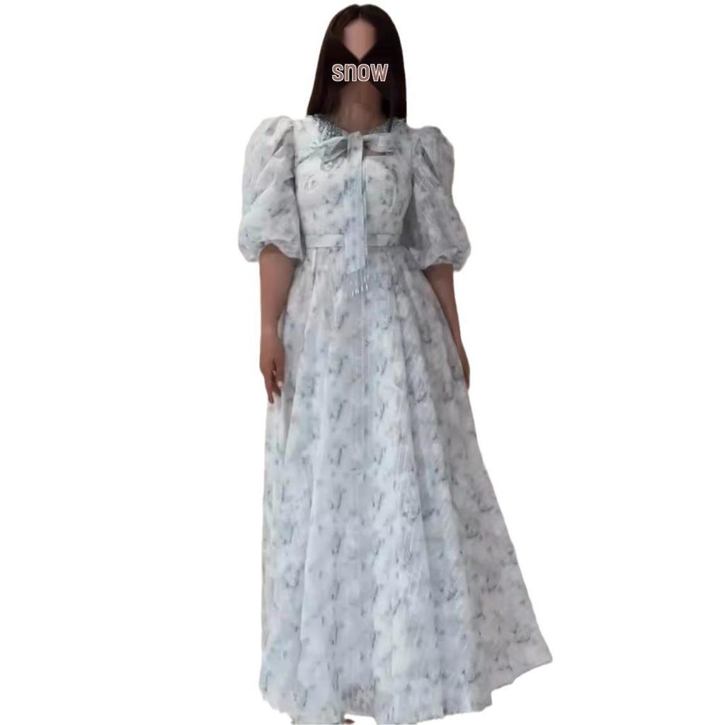 Летнее женское милое французское длинное платье с пышными рукавами и сборкой на талии для чаепития