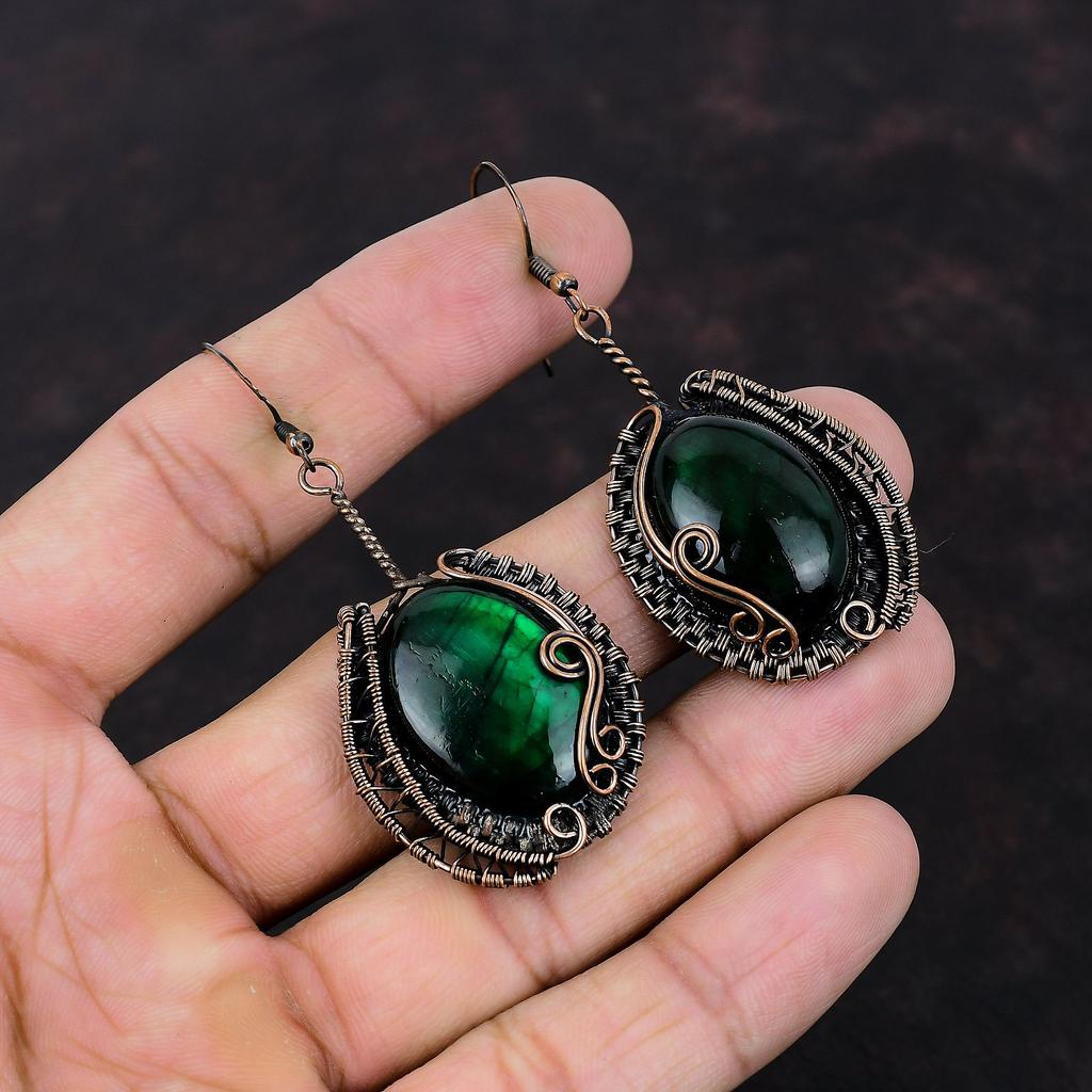 Серьги из зеленого огненного лабрадорита, серьги из медной проволоки, ювелирные изделия ручной работы, серьги из натурального драгоценного камня, медные ювелирные изделия, изящные серьги для подарка