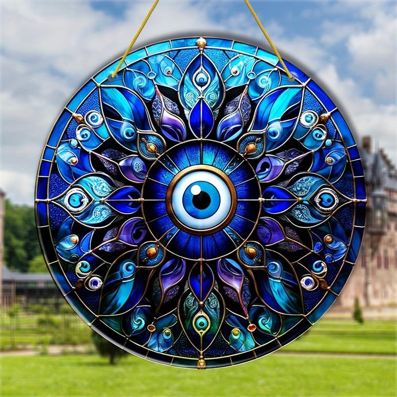 Charming Evil Eye Wooden Round Sign for Home Living Room Decor Stained Window Hanging Pendant Wall Art Ornament Gift